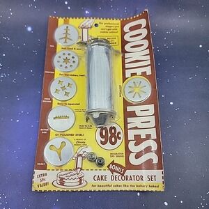 Christy Cookie Press Cake Decorator 6 Shapes, 2 Tips Vintage All Steel Made USA
